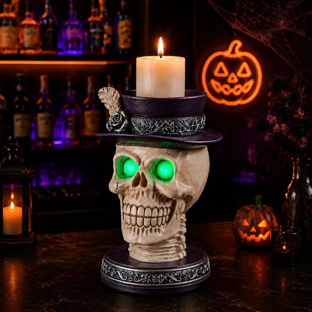 Halloween Skeleton Butler Floor Statue with Serving Tray & Black Cat, Resin Gothic Home Decor for Entryway Porch Living Room