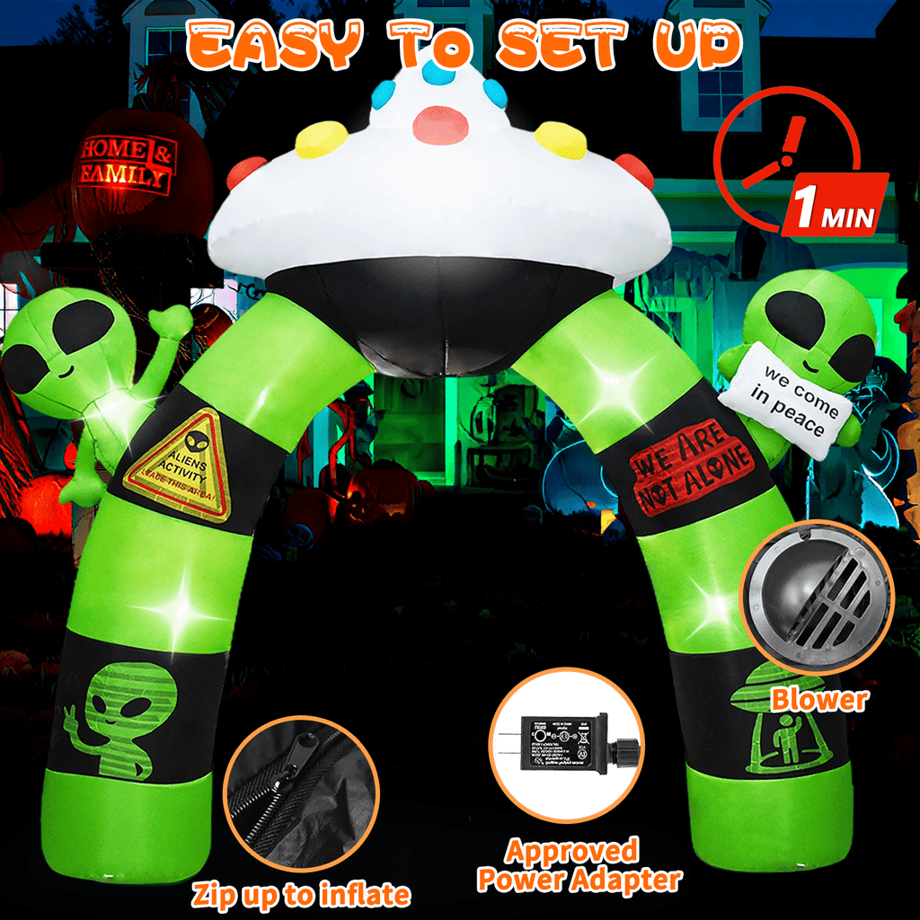KINQUINN 10 FT Giant Halloween Inflatables Alien UFO Arch Outdoor Decorations, Blow Up Alien Archway with LED Lights, Blow Up Yard Decor for Garden, Lawn, Home, Indoor, Outside, Party, Porch