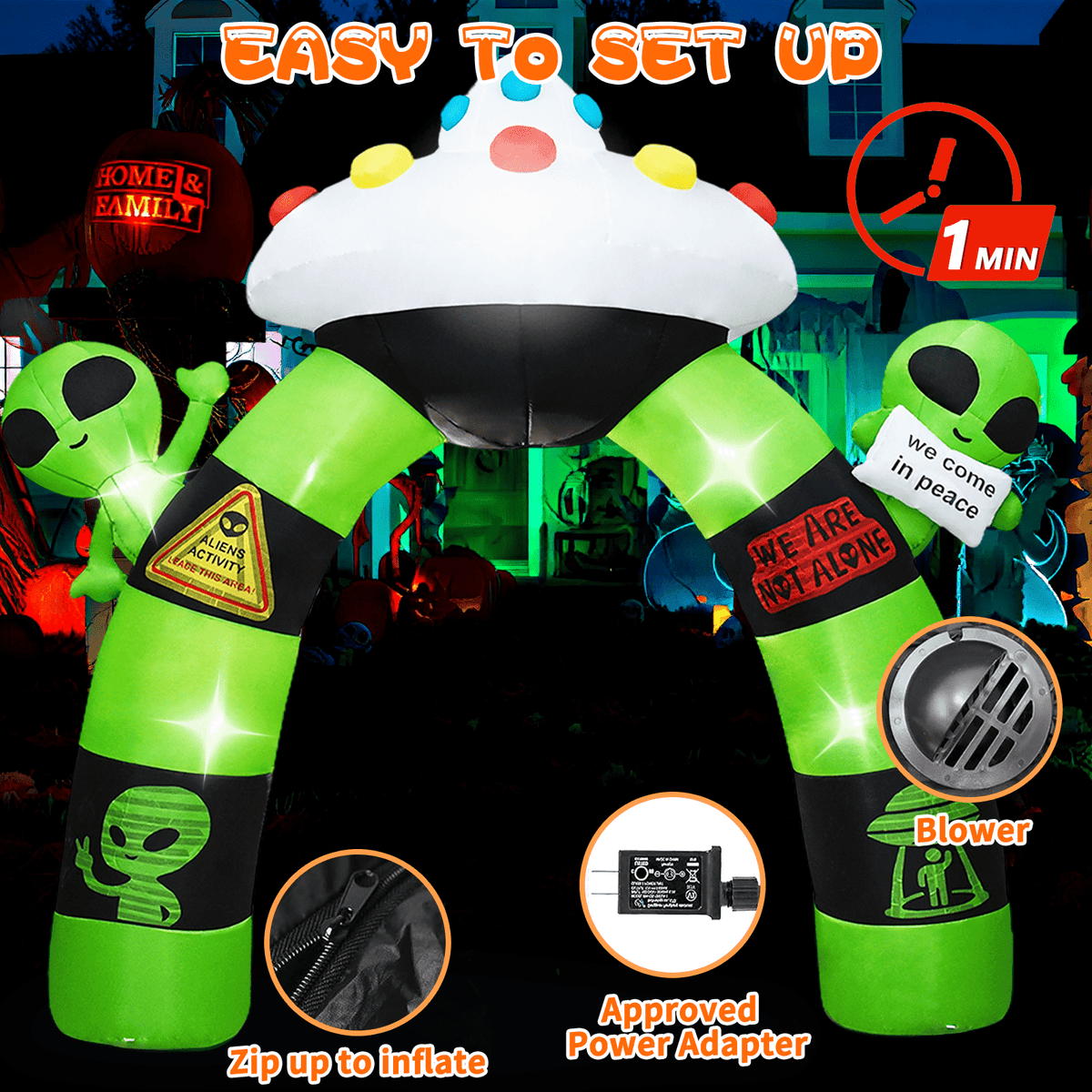 KINQUINN 10 FT Giant Halloween Inflatables Alien UFO Arch Outdoor Decorations, Blow Up Alien Archway with LED Lights, Blow Up Yard Decor for Garden, Lawn, Home, Indoor, Outside, Party, Porch