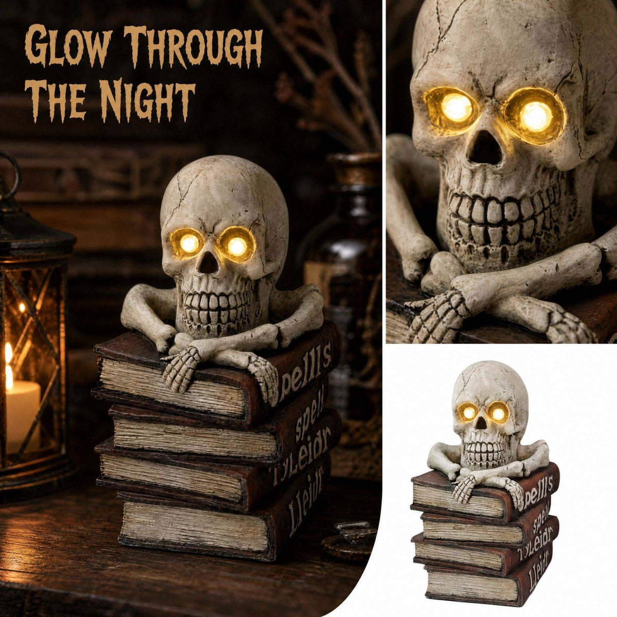 Halloween Light Up Skull Decoration Glowing Eyes Skeleton Figurine on Spell Books, Spooky Creepy Statue for Home Party Tabletop Decor