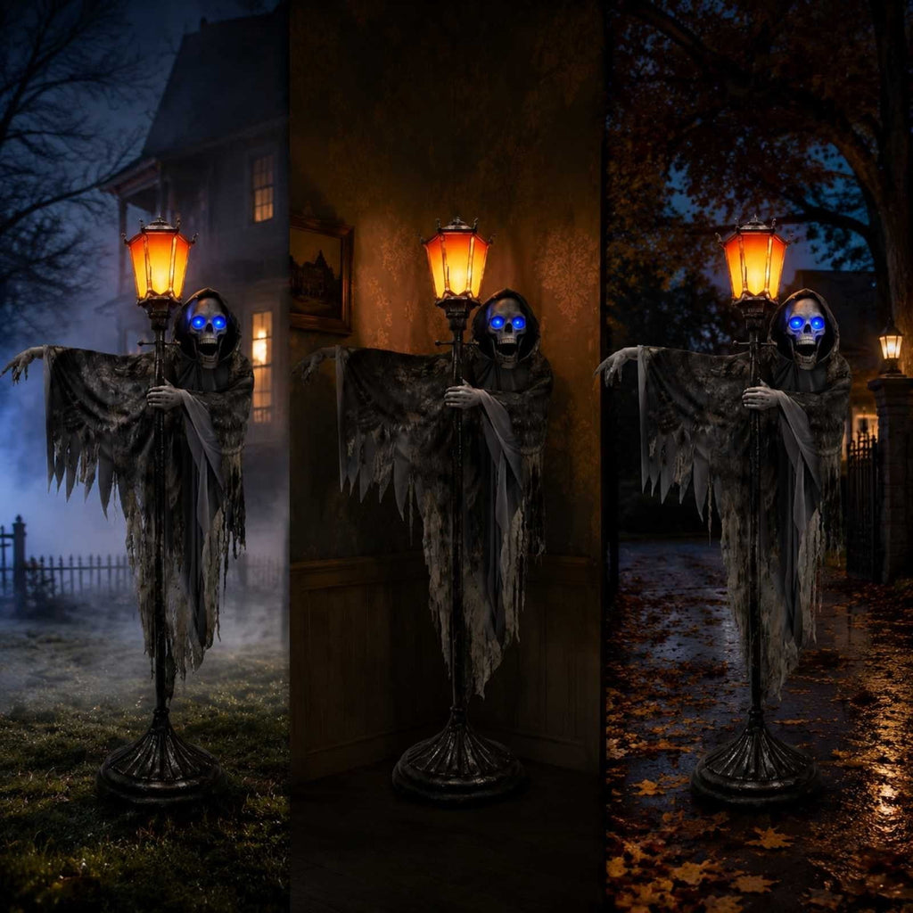Halloween Animatronics Outdoor 72", Light Up Grim Reaper Street Lamp Post with Glowing Eyes, Life Size Standing Skeleton Decor for Lawn Porch, 1 Pack