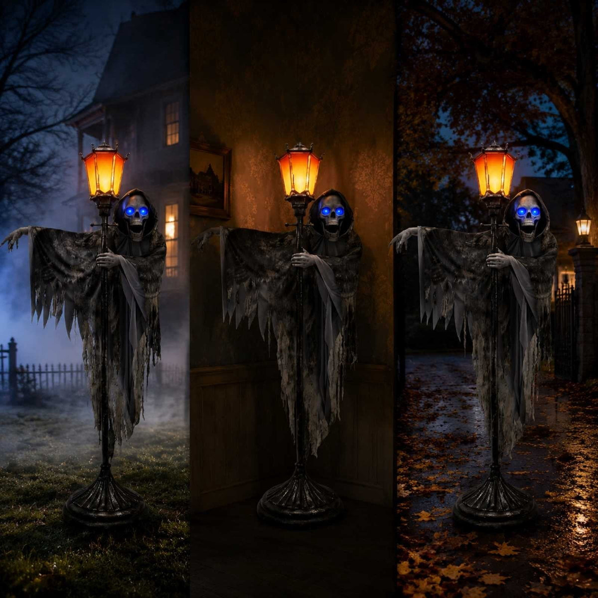 Light Up Blue LED Eyes Skeleton Ghost Freestanding Street Lamp Prop Tattered Robe Grim Reaper Figure Outdoor Yard Porch Halloween Ghost House Decor.78.74*39.37*1.96In