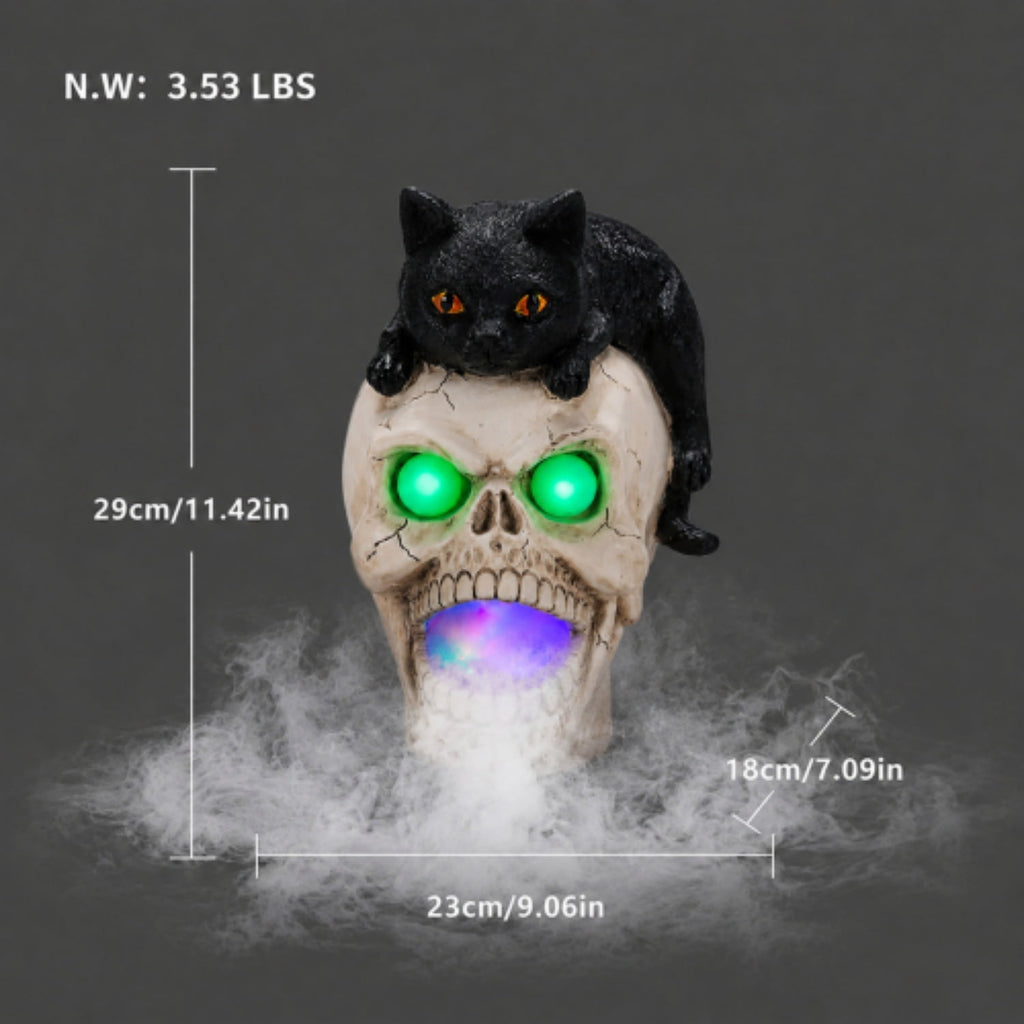 SpookHaven Halloween Jack‑O‑Lantern Pumpkin Mist Sprayer Figurine, LED Light‑Up Fogger with Witch Hat & Skull Decoration, Spooky Ornament for Tabletop Entryway Halloween Party Home Decor
