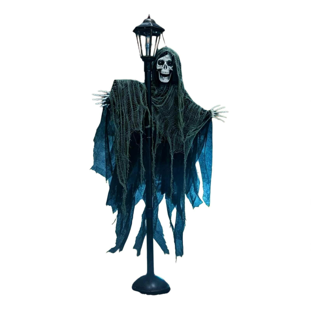QuanTara Halloween Ghost Street Lamp Decor, Light Up Blue Eyes Skeleton Grim Standing Prop with Tattered Robe for Porch Front Door Outdoor Yard Decoration, 1 Pack