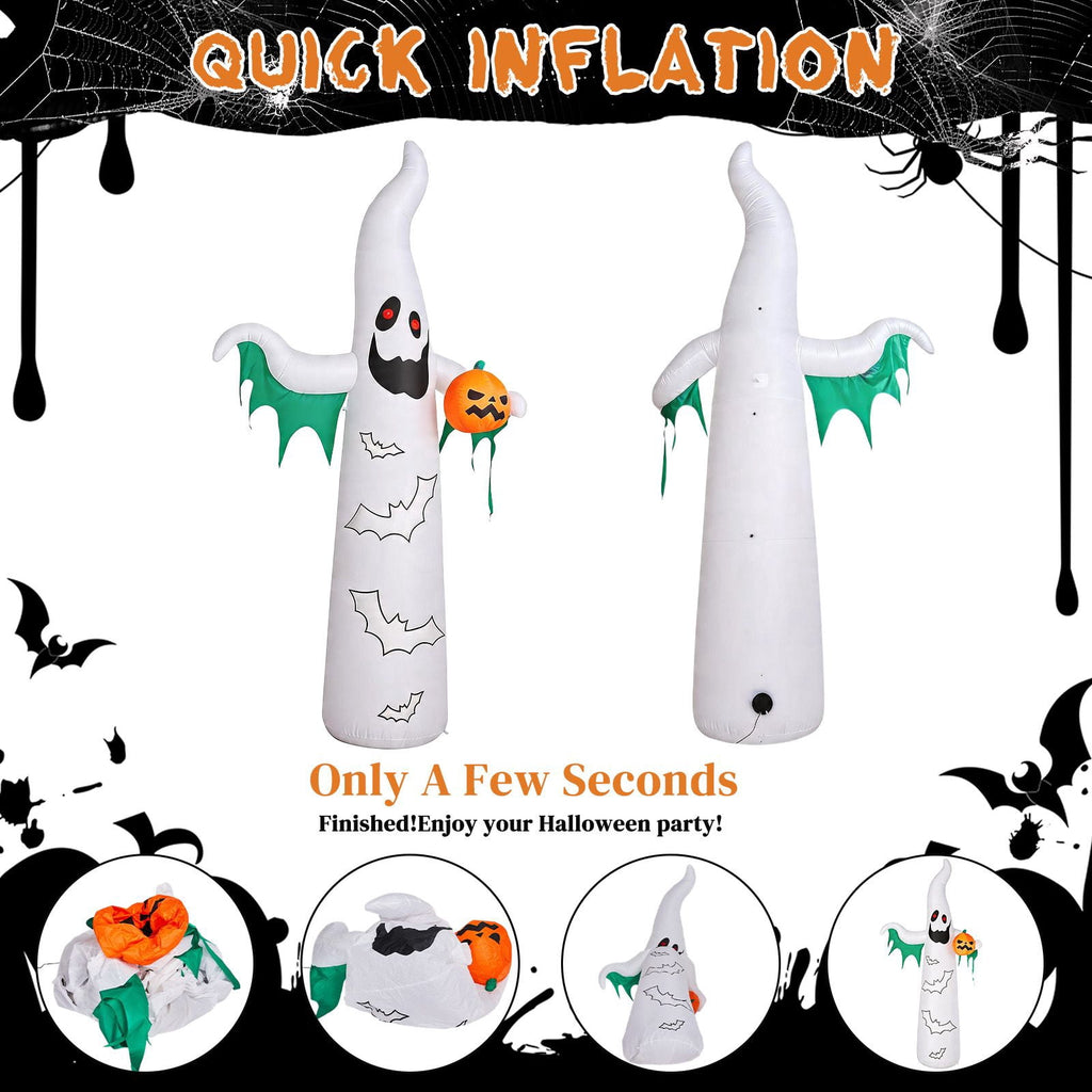 12FT Inflatable Ghost and Bat with 4 LED Lights 82 String Lights Flashing Halloween Yard Decor