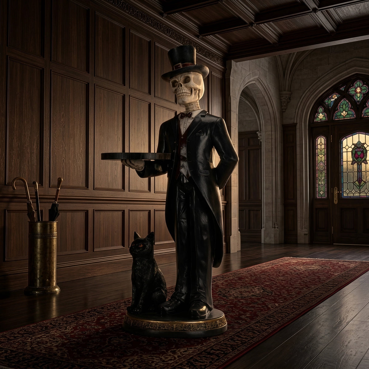 Halloween Skeleton Butler Floor Statue with Serving Tray & Realistic Black Cat, 35.43 Inch Gothic Resin Standing Decor for Entryway, Porch, Living Room, Halloween Party Home Decoration