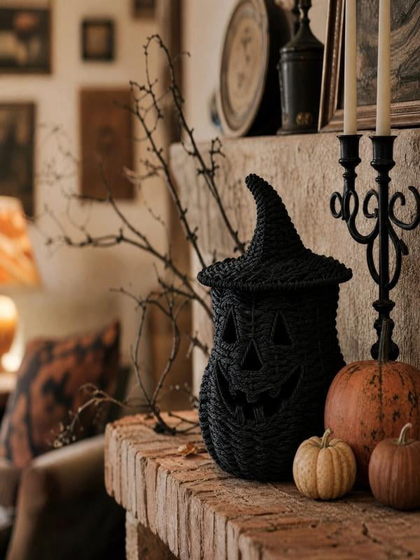 Lighted Halloween Table Centerpiece, Witch Hat Pumpkin Lamp, Black Woven Rattan Halloween Decor Indoor, Glowing Tabletop Decoration for Party Home
