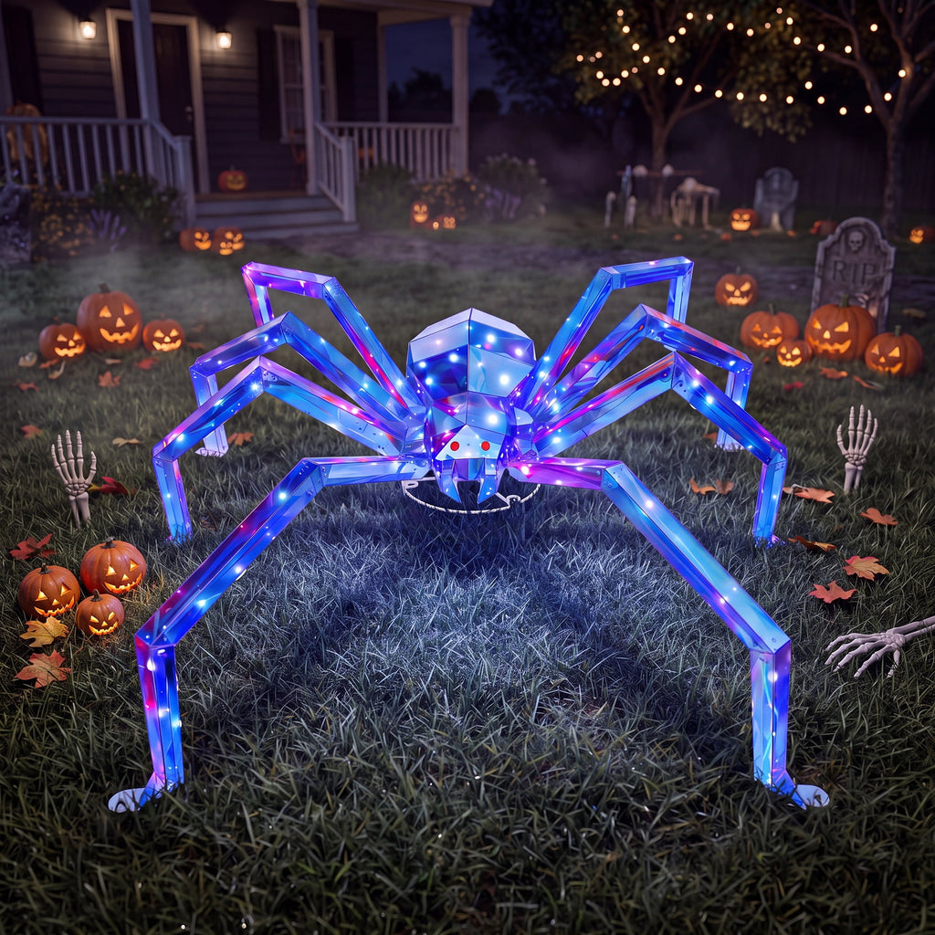 47-Inch Prismatic Iridescent Spider Halloween Decoration with 150 LED Lights, Red Glowing Eyes, Metal Base and Ground Stakes