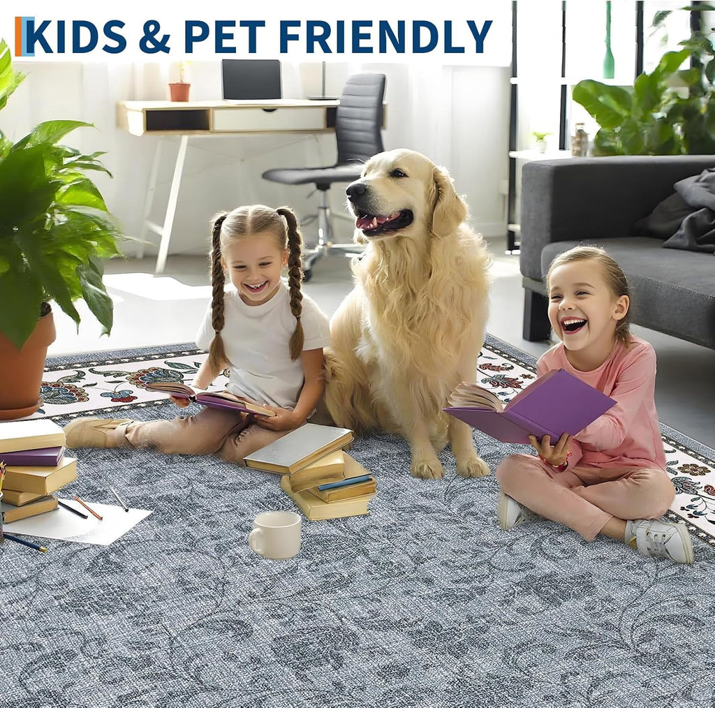 Large Living Room Rug 10x13 Non-Slip Floral Indoor Carpet Washable Floral Bordered Floor Mat Low Pile Non-Shedding Foldable Neutral Bedroom Rugs for Dining Room Nursery Home Office Red