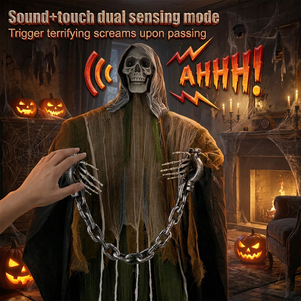 Magotan 6ft Halloween Outdoor Skeleton Ghost Decorations, Sound Controlled Swinging Scary Skeleton Ghost Halloween Decoration for Outdoor Garden Porch Yard Decor,Green
