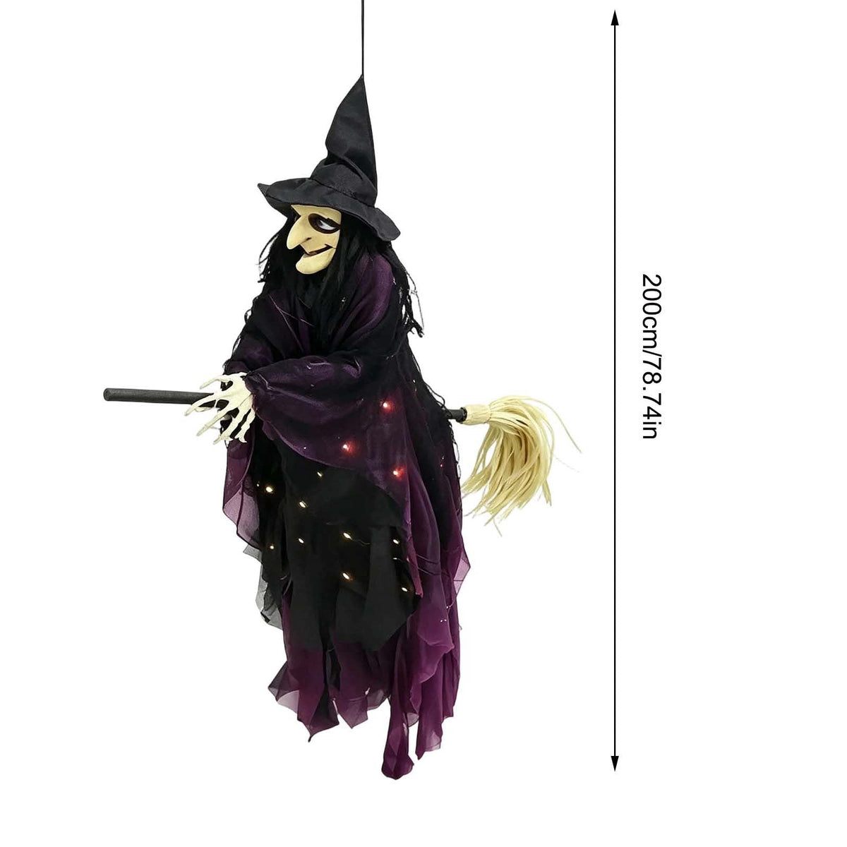 WWG Halloween Flying Witch Decoration, Spooky LED Light Up Witch Hanging Decor, Purple Glowing Witch Pendant with Skeleton Hands, Indoor Outdoor Halloween Party Decor, Includes 1 Witch Pendant