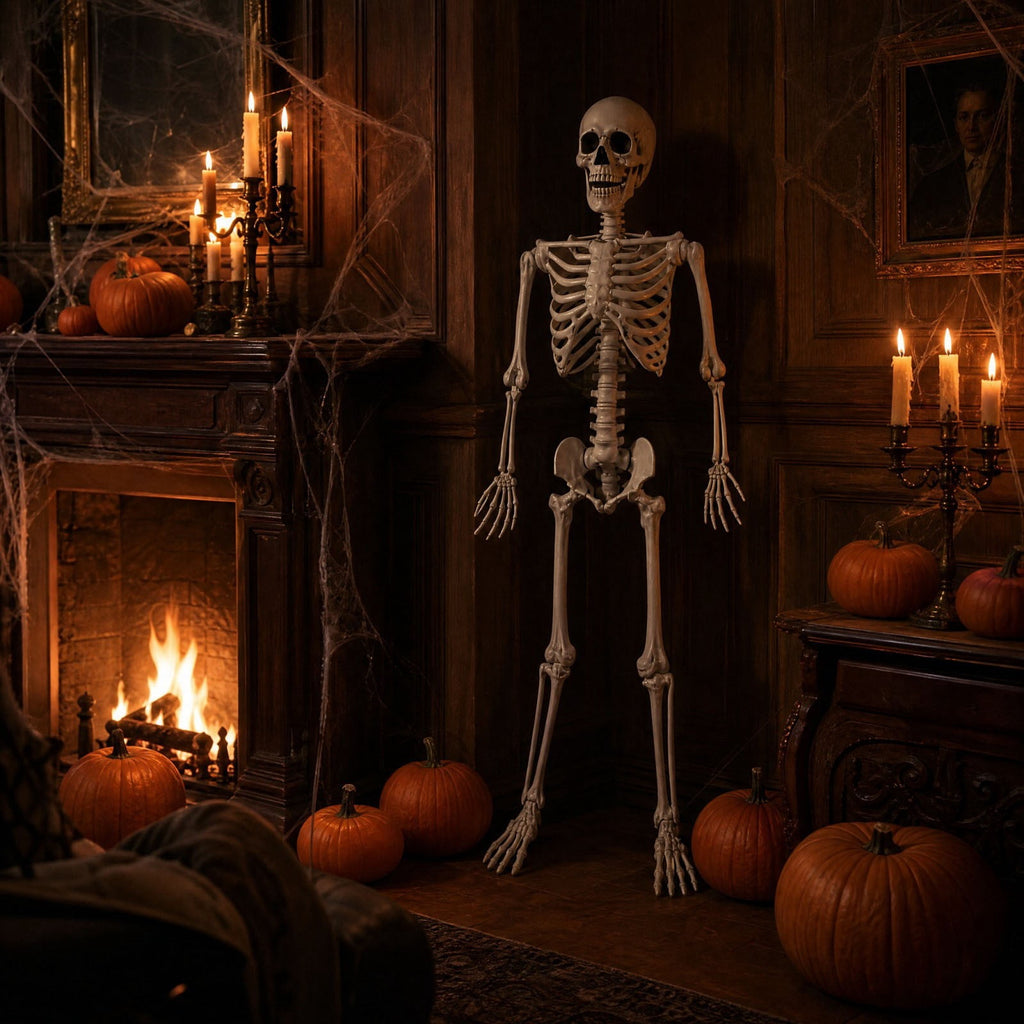 ShengapQ Realistic Simulation Halloween Skeleton Prop, Plastic Full Body Posable Skeleton Decoration, Spooky Indoor Outdoor Yard Party Ornament, Perfect for House, Graveyard and Haunted Scene