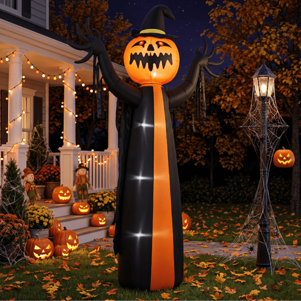 Alvantor 9.8 ft Pumpkin Ghost Halloween Inflatable with Rotatable Head, 6 LED Lights and Built-in Blower, Black and Orange
