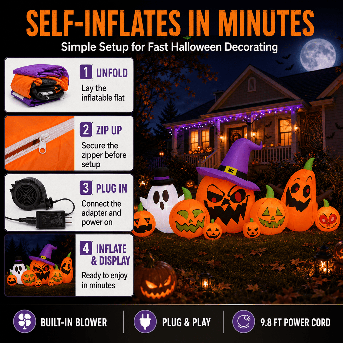 7.9 FT Halloween Inflatable Pumpkin & Ghost Yard Decoration, Pumpkins with Witch Hat, 7 LED Lights, Outdoor Blow Up Decor