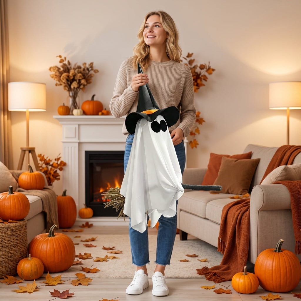 DIY Hanging Swing Ghost Halloween Decor, Flying Ghost on Broomstick with Witch Hat, Spooky Cute Outdoor Halloween Decorations for Front Porch Yard Tree, 3.61x4.33FT