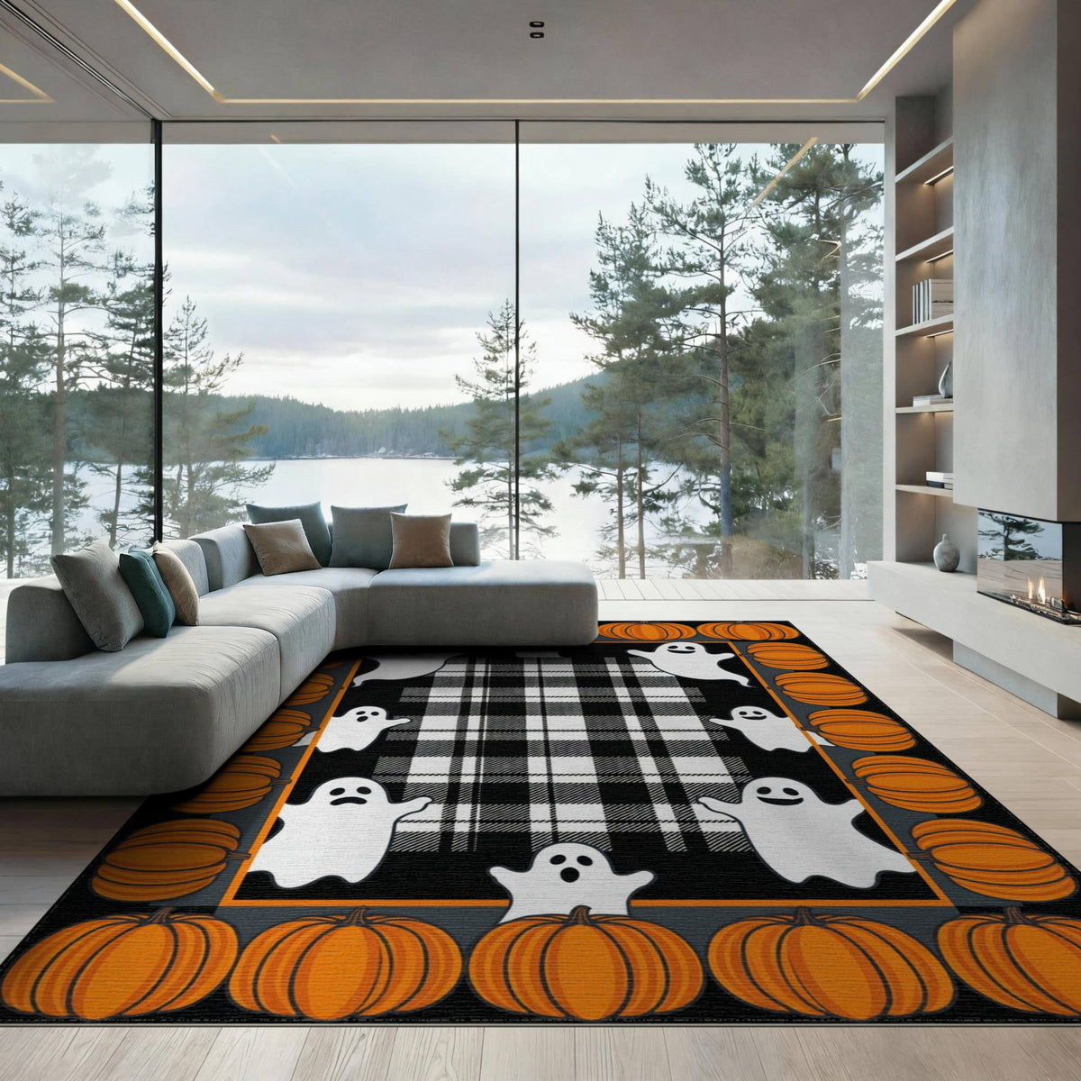 ODIKA Halloween Spooky Pumpkin Phantom Striped Entrance Door Doormat for Playroom, Bedroom, Reading Nook, Pet Friendly & Kids Safe Play