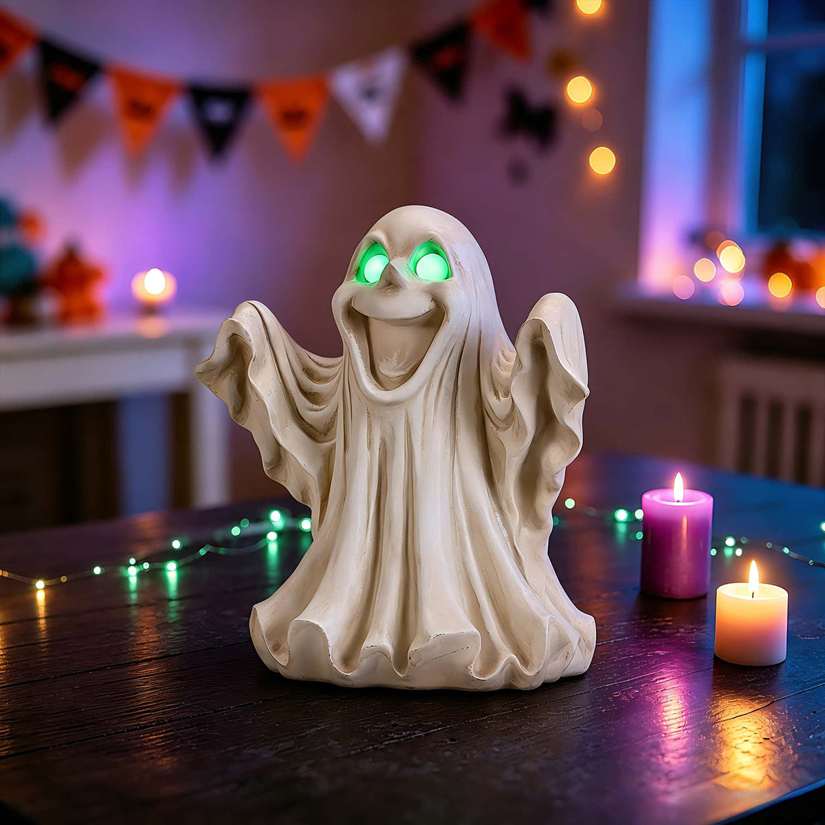 Halloween Ghost Statue with LED Glowing Eyes, Resin Ghost Figurine Tabletop Decor for Indoor Home, Mantel, Shelf, Entryway and Halloween Party Display