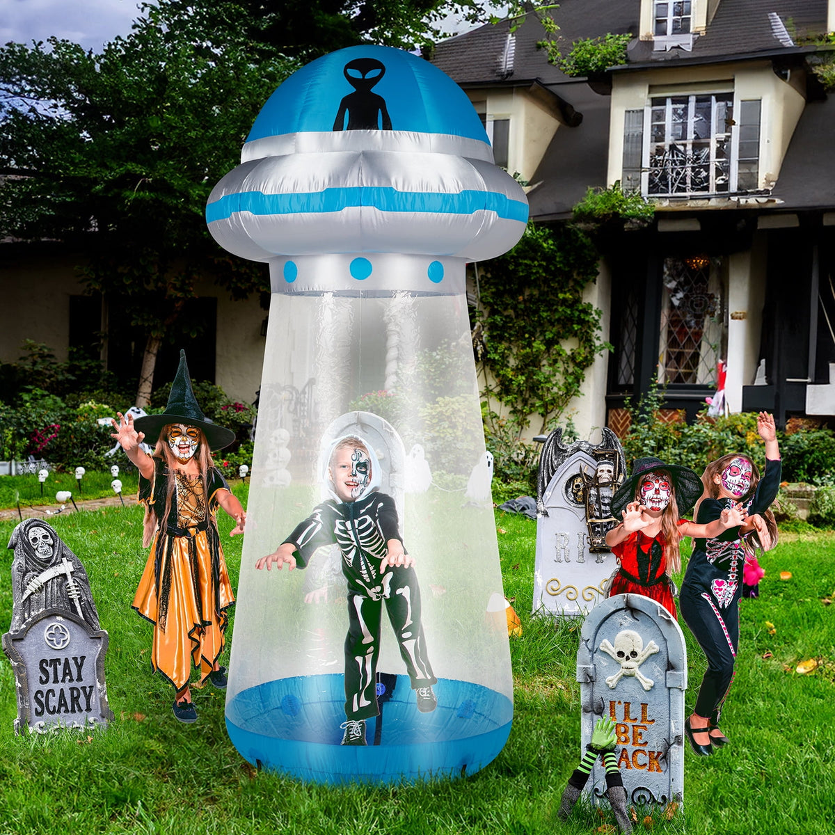 8.8 FT Halloween Inflatable UFO Yard Decoration with LED Lights Stand Inside Blow Up Decor