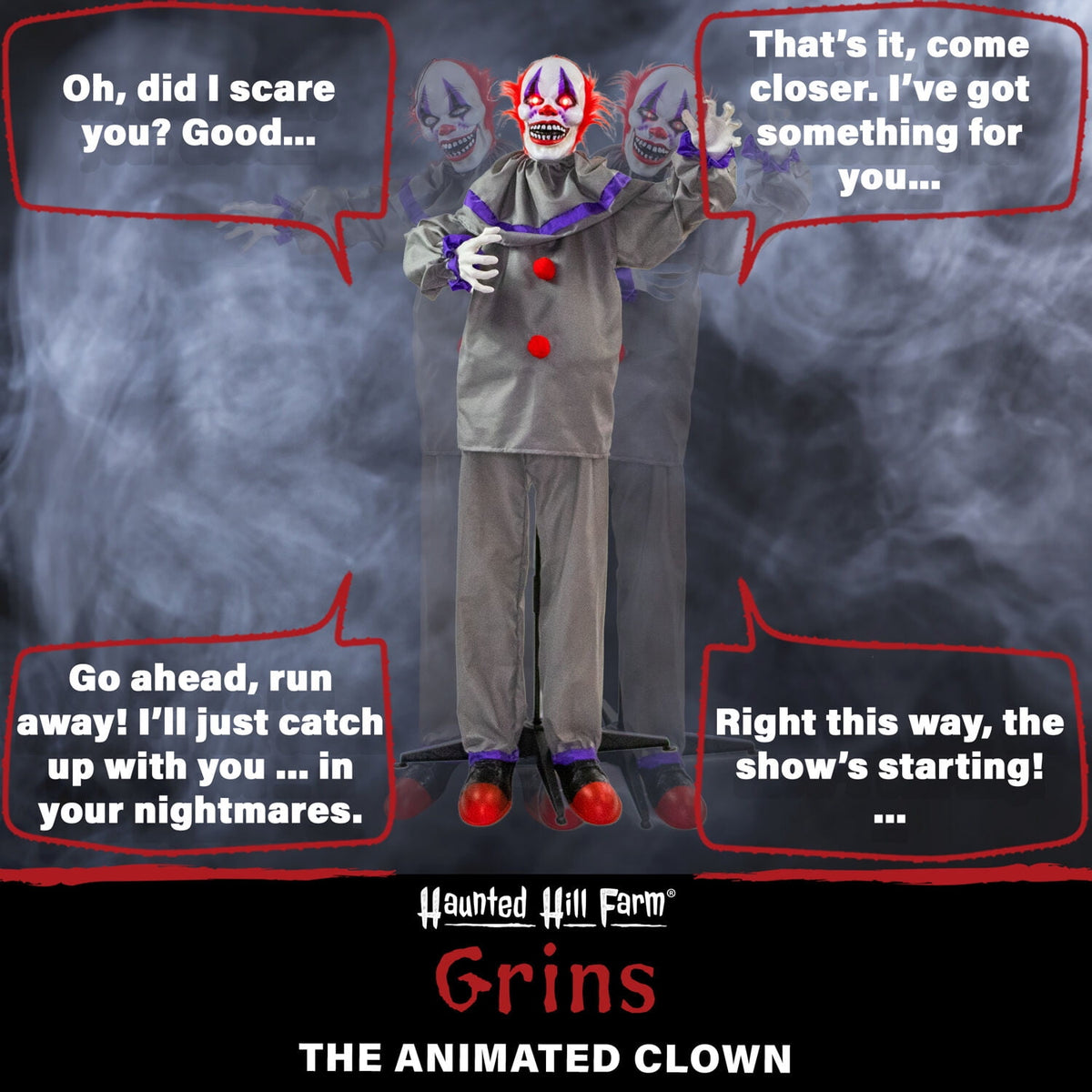 Haunted Hill Farm Animatronic 4.6-Ft. Swinging Clown with Lights and Sound, Indoor or Covered Outdoor Halloween Decoration