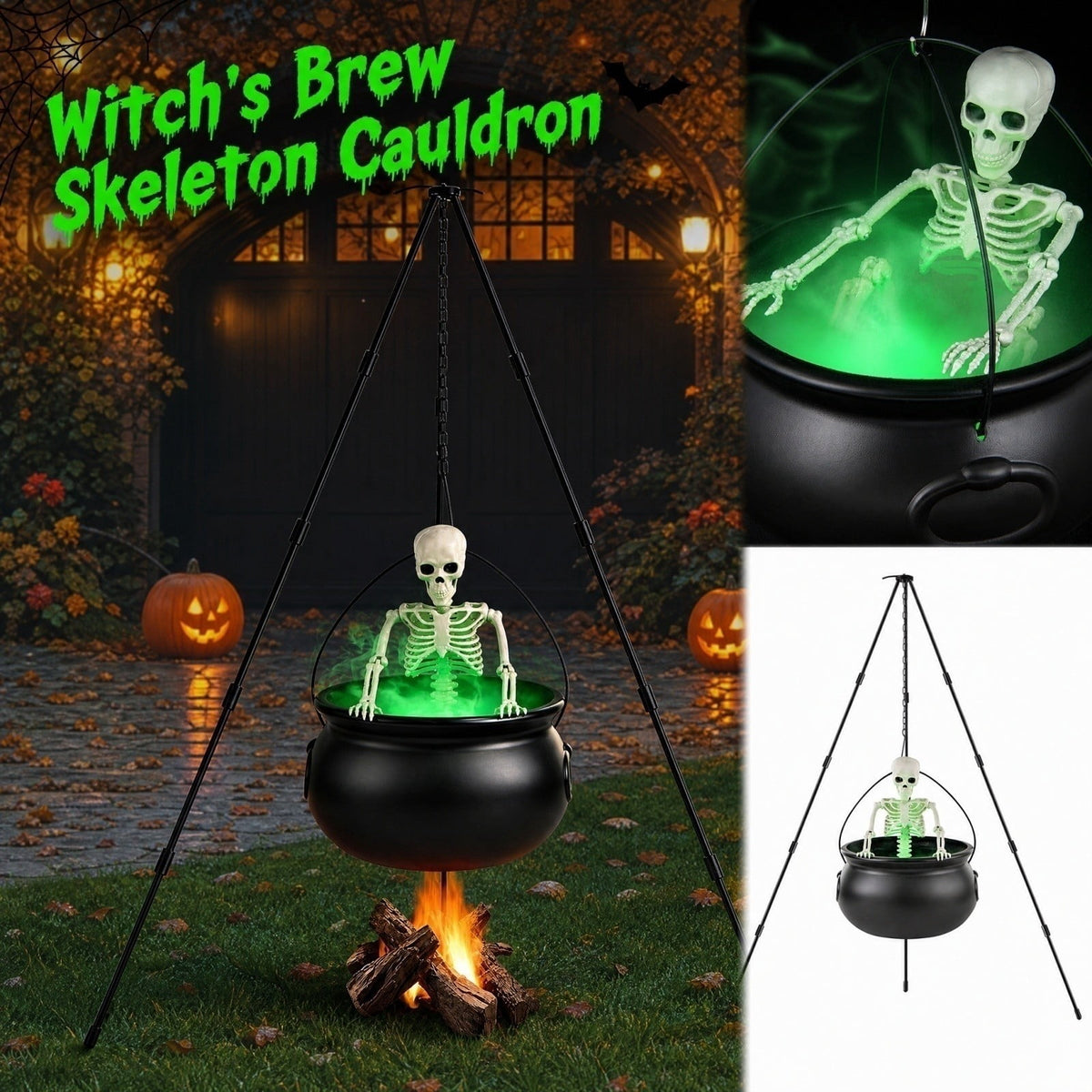 Halloween Decorations Outdoor Tripod Witch Cauldron Set with Skeleton for Lawn Yard Party