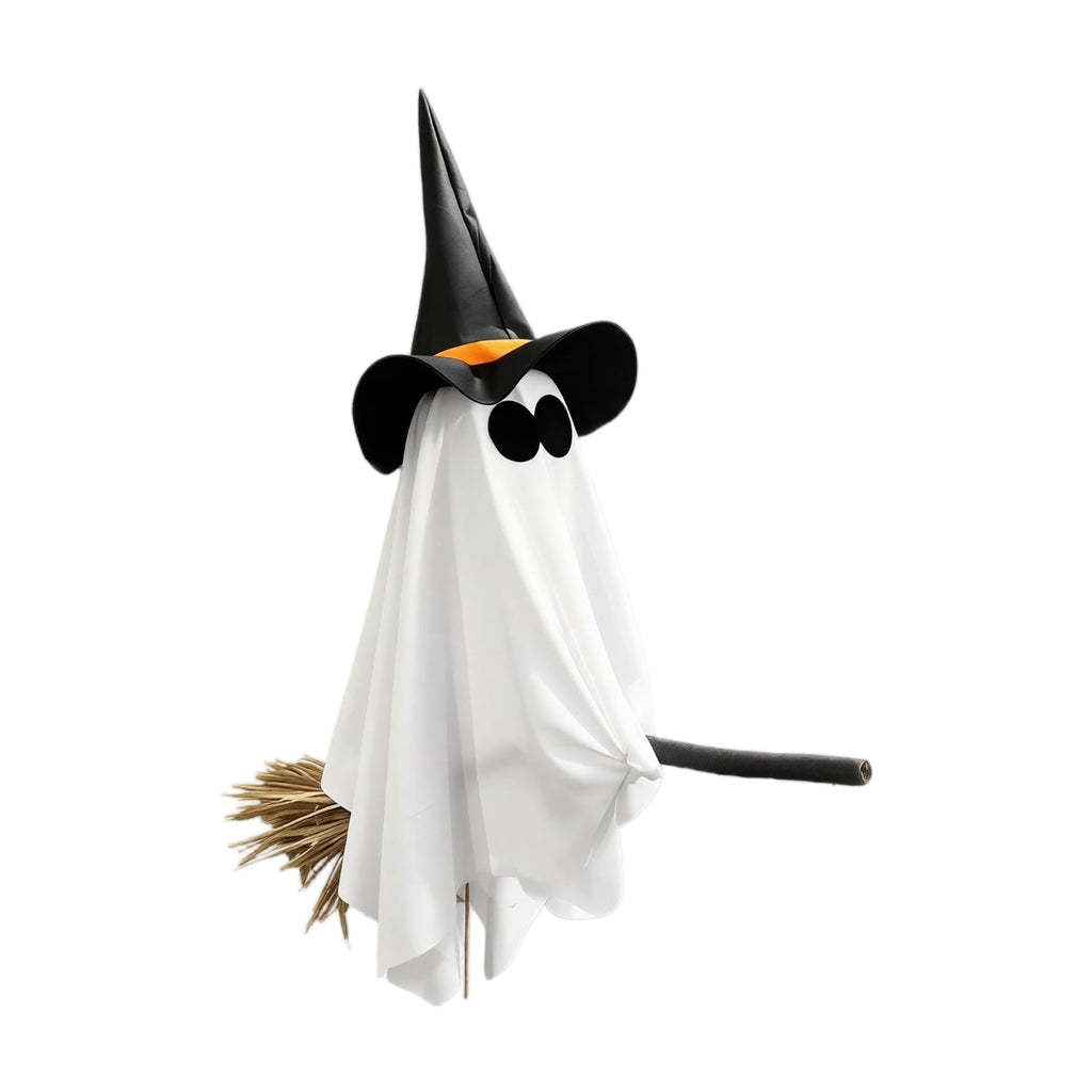 DIY Hanging Swing Ghost Halloween Decor, Flying Ghost on Broomstick with Witch Hat, Spooky Cute Outdoor Halloween Decorations for Front Porch Yard Tree, 3.61x4.33FT