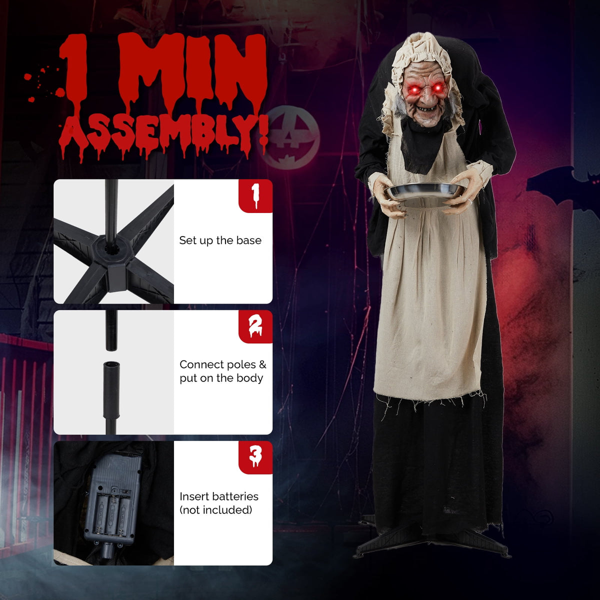 Ktaxon 5ft Waitress Animated Halloween Decoration Creepy Halloween Animatronics Waitress w/ Pre-Recorded Screaming