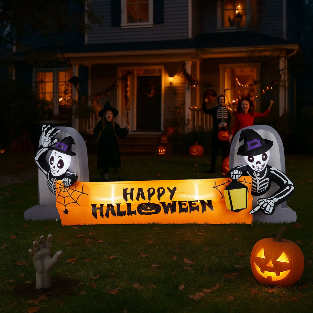 9.6FT Inflatable Skeleton Holding Happy Halloween Banner with LED Lights for Yard Garden Party