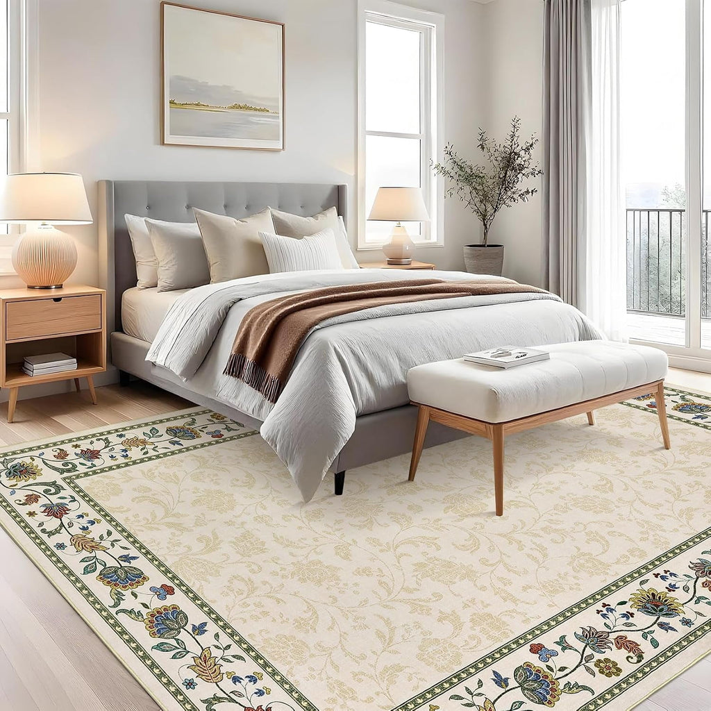 Large Living Room Rug 10x13 Non-Slip Floral Indoor Carpet Washable Floral Bordered Floor Mat Low Pile Non-Shedding Foldable Neutral Bedroom Rugs for Dining Room Nursery Home Office Red