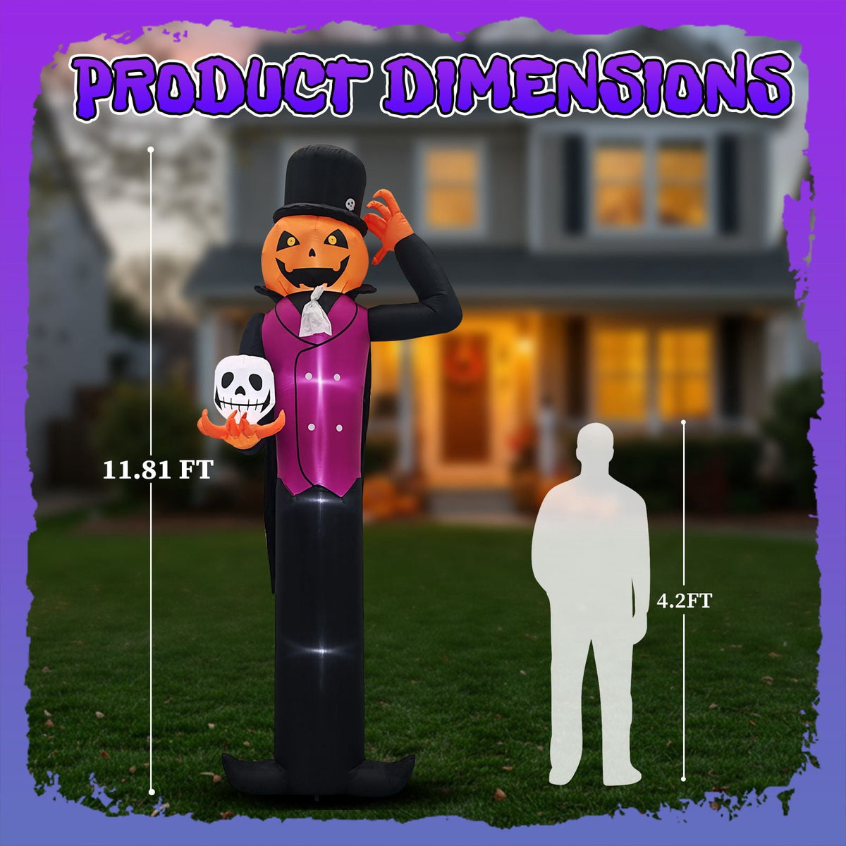 12FT Halloween Inflatable Pumpkin Man Holding Skull Outdoor Decor with Built-in LED Lights Waterproof Polyester Blow Up Yard Ornament