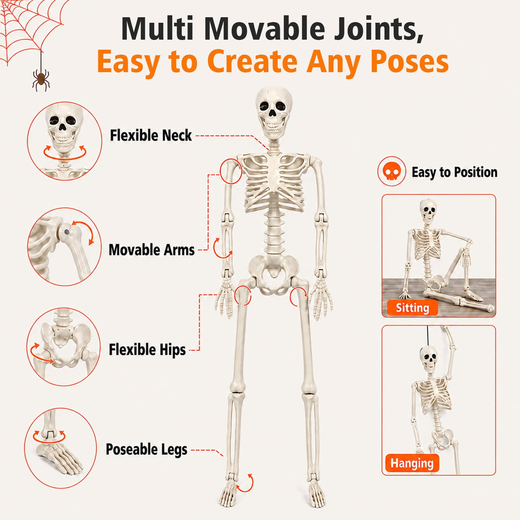 THE BRIVE 5.4ft Life Size Poseable Halloween Skeleton, Movable Joint Plastic Prop for Yard Porch Party Decor