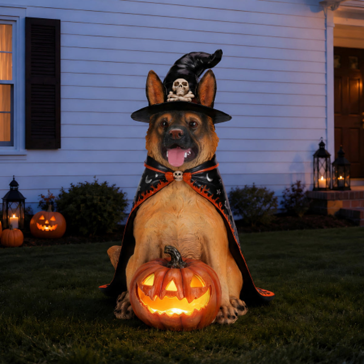 SpookHaven Halloween Jack‑O‑Lantern Pumpkin Mist Sprayer Figurine, LED Light‑Up Fogger with Witch Hat & Skull Decoration, Spooky Ornament for Tabletop Entryway Halloween Party Home Decor