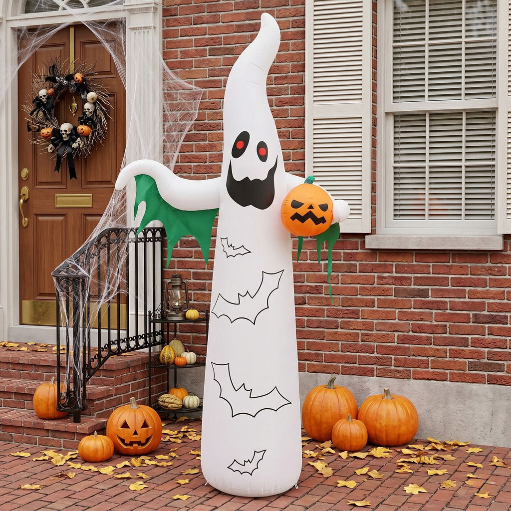 12FT Inflatable Ghost and Bat with 4 LED Lights 82 String Lights Flashing Halloween Yard Decor