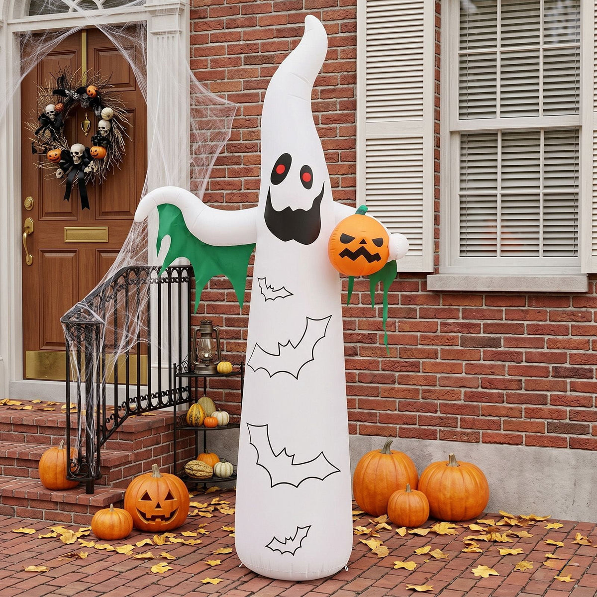 12FT Inflatable Ghost and Bat with 4 LED Lights 82 String Lights Flashing Halloween Yard Decor