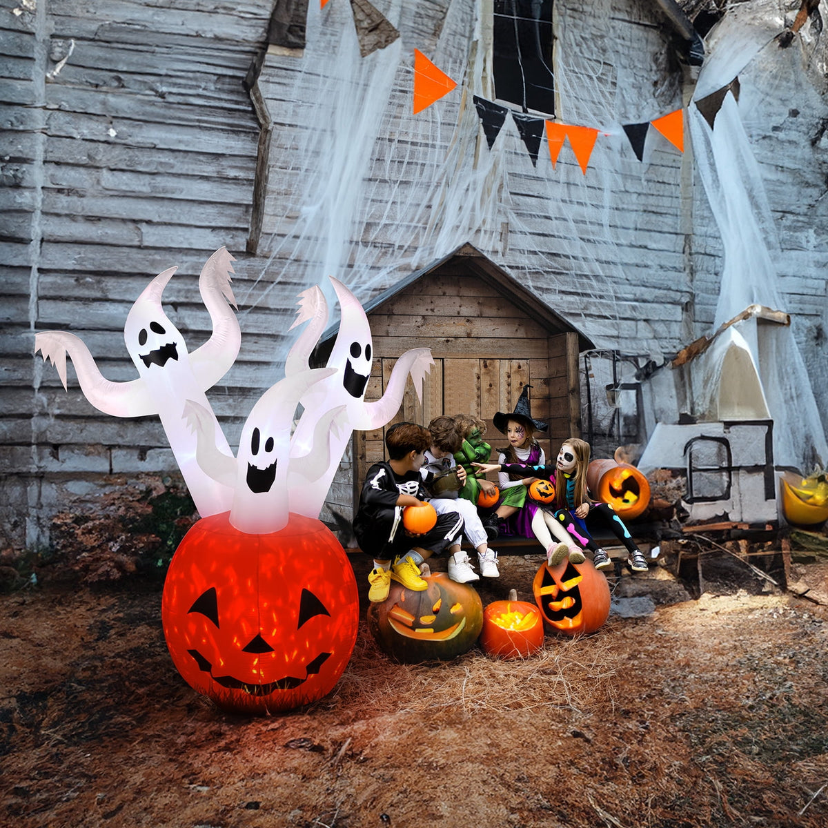 5.9ft Halloween Inflatable Pumpkin Ghost with LED Lights Scary Blow Up Yard Decor 1 Pack Set