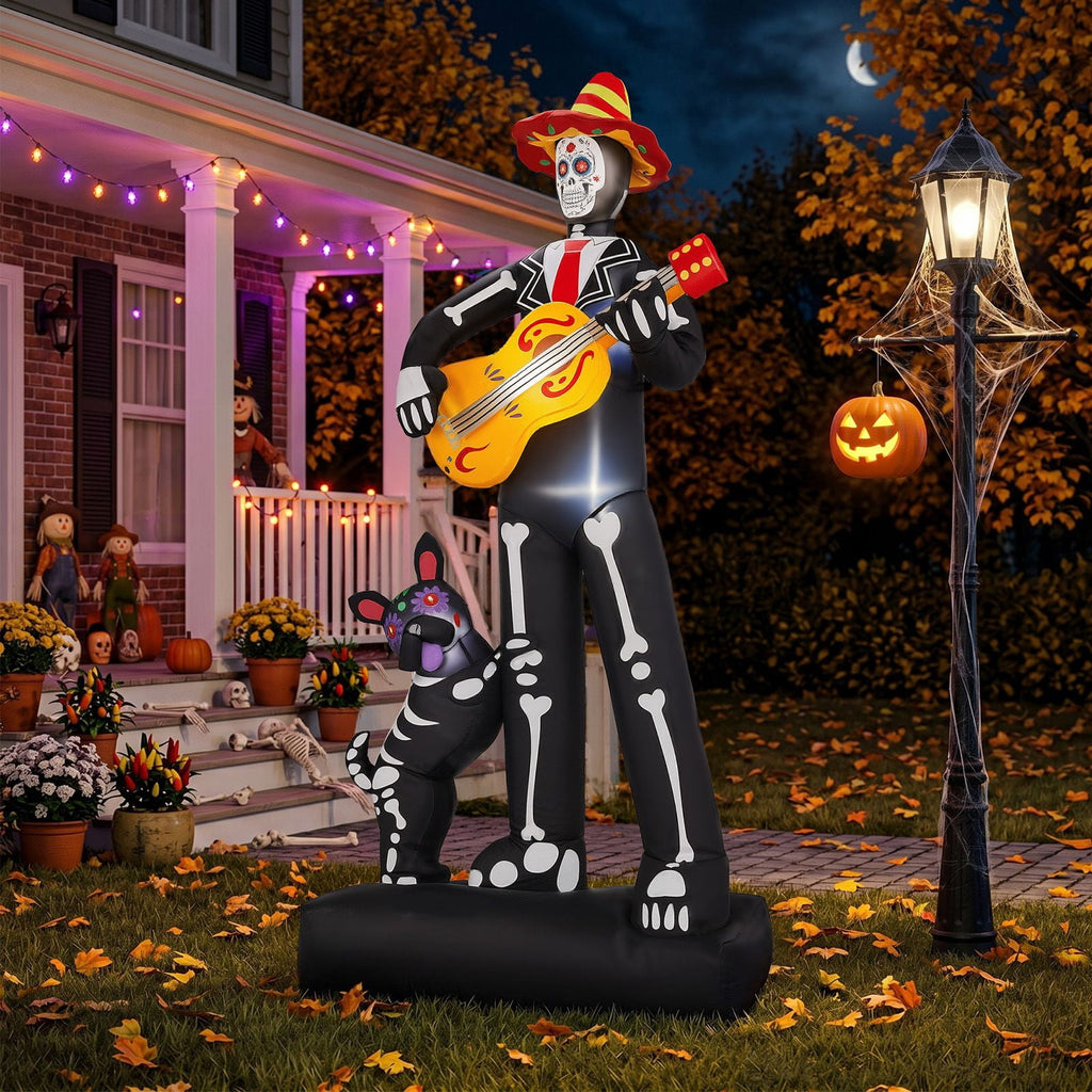 7.3FT Inflatable Ghost Musician with Puppet 6 LED Lights Black Orange Halloween Yard Decor