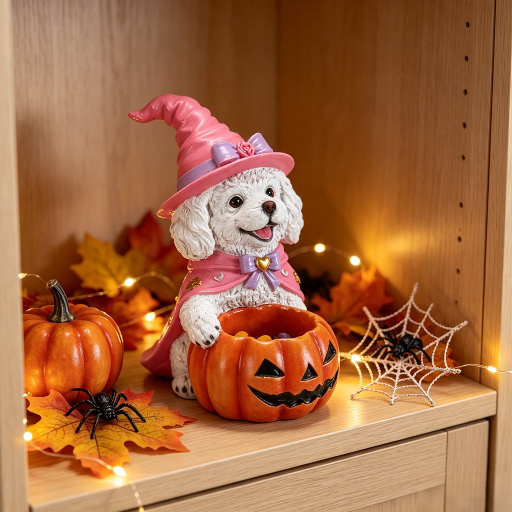 Halloween Witch Puppy Resin Figurine, White Teddy Dog with Pumpkin Candy Bowl for Home Tabletop Decor