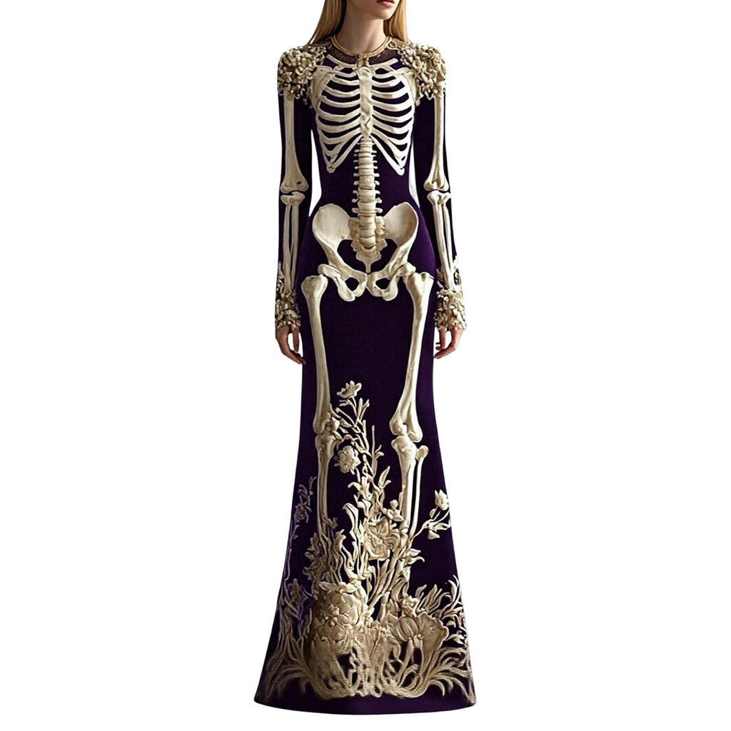 Women Halloween Skeleton Mermaid Dress, Velvet Long Sleeve Bodycon Gown with 3D Floral Appliques, Floor‑Trailing Gothic Costume for Party Cosplay L