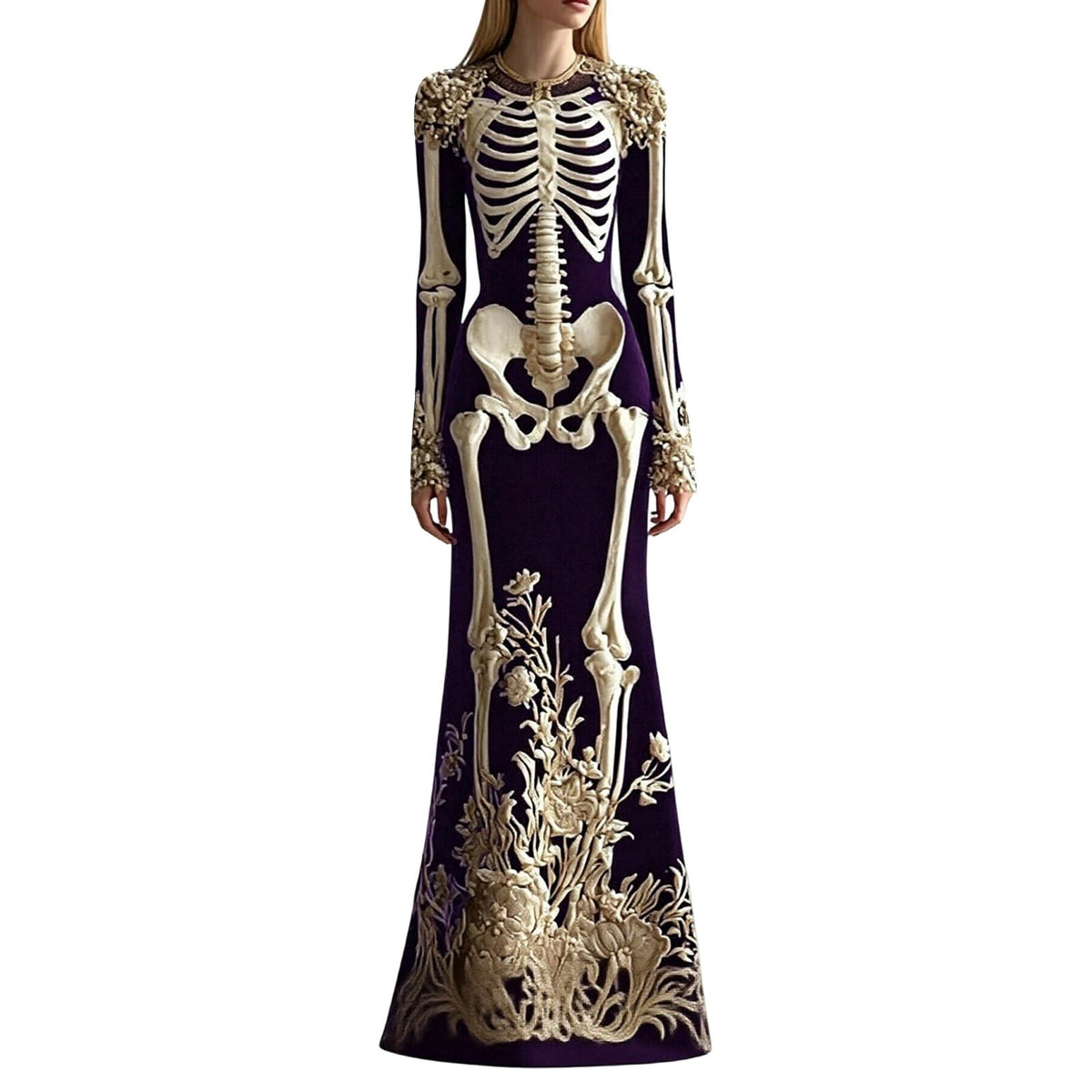 Women Halloween Skeleton Mermaid Dress, Velvet Long Sleeve Bodycon Gown with 3D Floral Appliques, Floor‑Trailing Gothic Costume for Party Cosplay L
