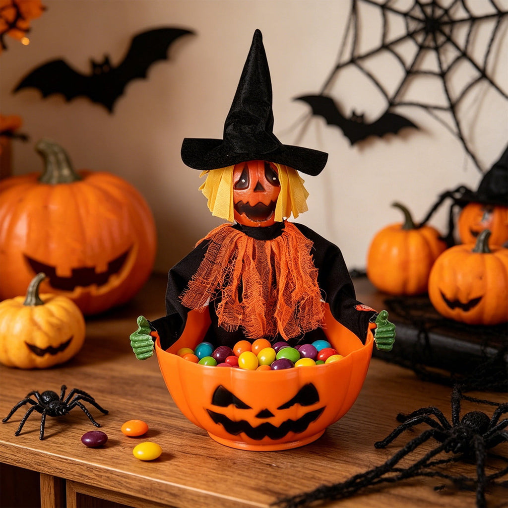 Halloween Candy Bowl, Animated Skeleton Candy Dish with Motion Activated Screaming Witch, Light Up Red Eyes Sound, Festive Serving Bowl for Party, Table, Home Decorative Display, 11"x10.6"