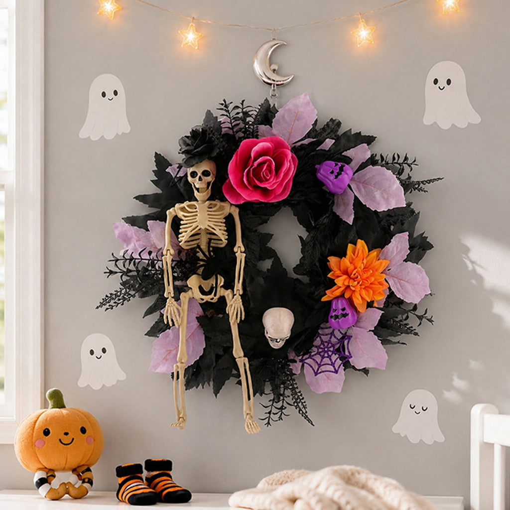 BINGLI 18 Inch Halloween Skeleton Wreath for Front Door, Lighted Gothic Dark Aesthetic Door Wreath with Autumn Leaves Indoor Decorations Centerpiece Party Holiday Wall Home Decor