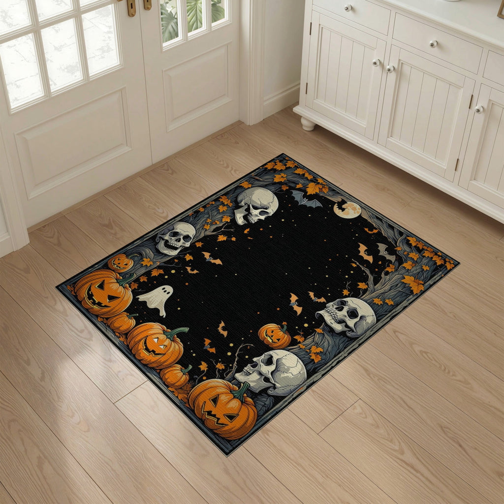 ODIKA Halloween Ghost Pumpkin Bat Skull Welcome Doormat Fiber Door for Dorm Room, Small Living Apartment, Stain Resistant Low Profile