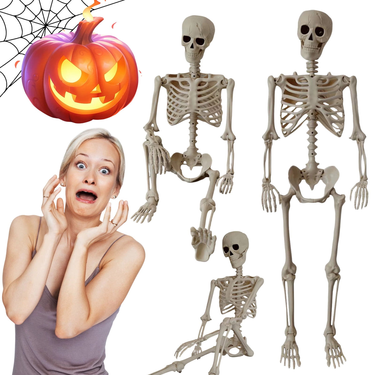 Halloween Skeleton Decorations, 53" Realistic Full Body Movable Posable Joints Skeleton, Creepy Halloween Skeleton for Graveyard Decorations, Haunted House Props Indoor/Outdoor Decor