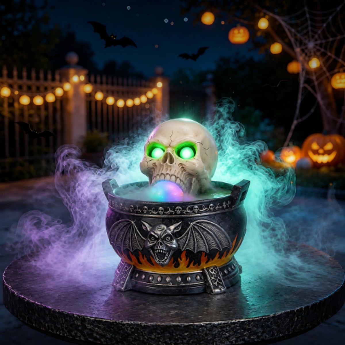 SpookHaven Halloween Jack‑O‑Lantern Pumpkin Mist Sprayer Figurine, LED Light‑Up Fogger with Witch Hat & Skull Decoration, Spooky Ornament for Tabletop Entryway Halloween Party Home Decor