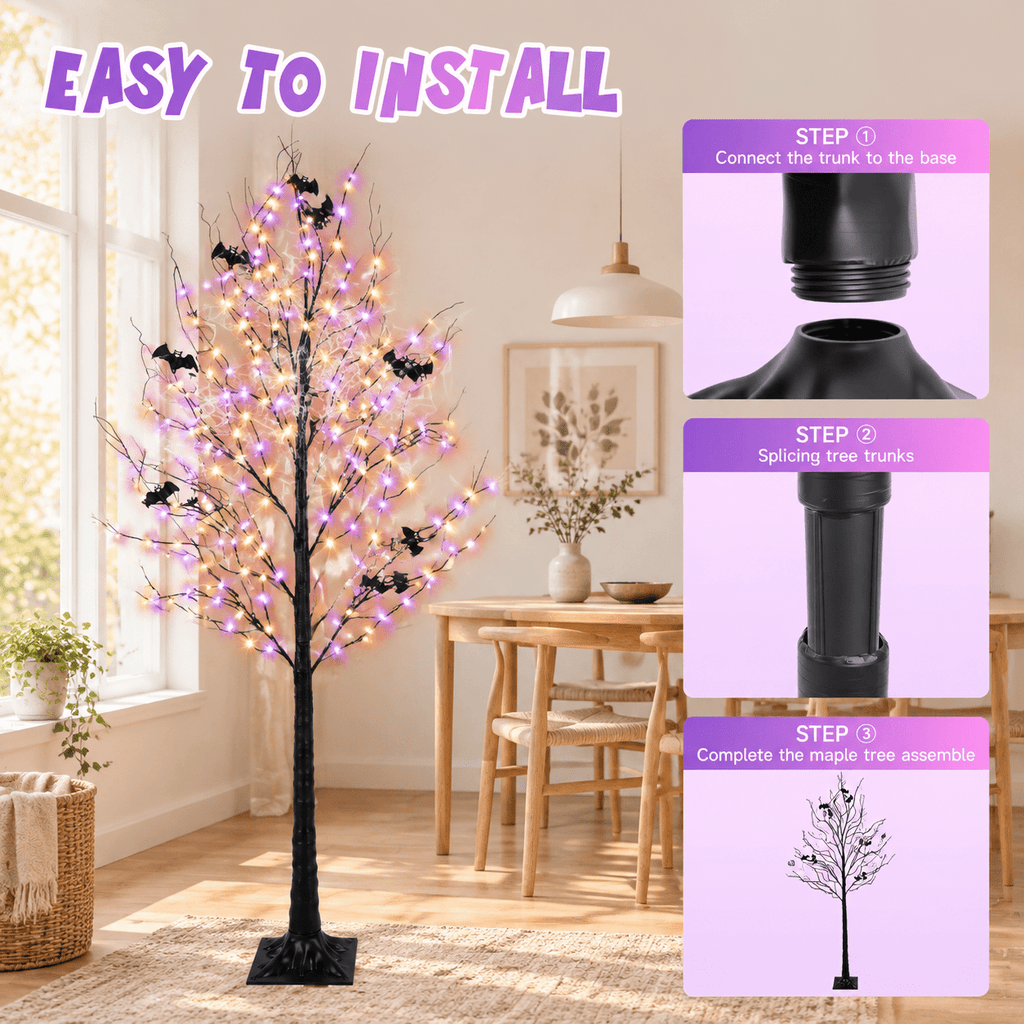 Lighted Tree With 260 Led Lights 6ft Black Timer 8 Modes Dimmable Web & Bats Diy Indoor Outdoor Decorations
