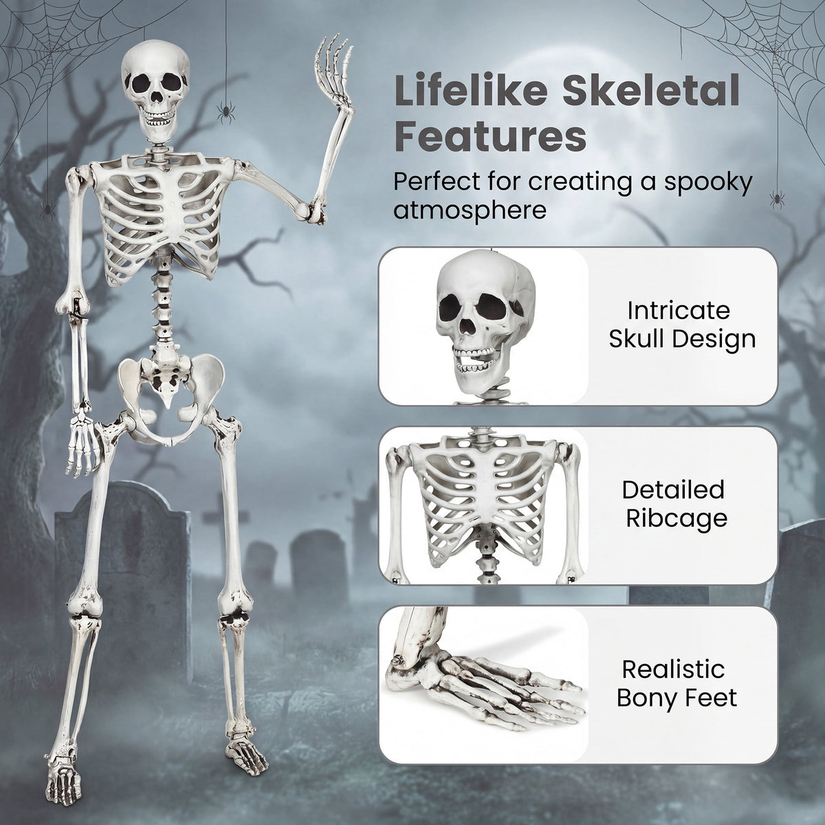 5.4ft Halloween Christmas Skeleton Life Size Realistic Full Body Hanging with Movable Joints 63 Inches