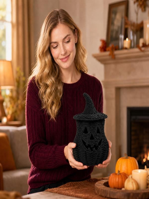 Lighted Halloween Table Centerpiece, Witch Hat Pumpkin Lamp, Black Woven Rattan Halloween Decor Indoor, Glowing Tabletop Decoration for Party Home