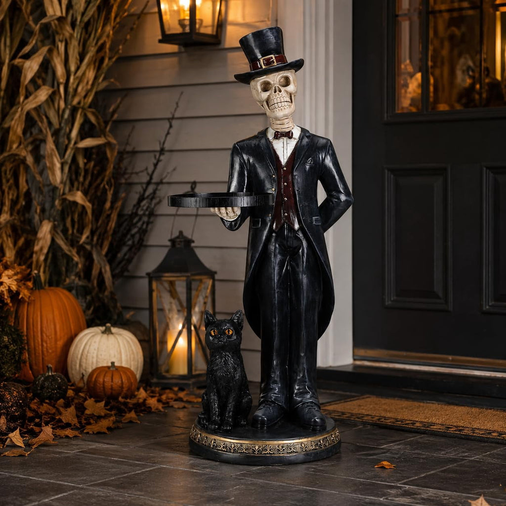 Halloween Ghost Statue with LED Glowing Eyes, Resin Ghost Figurine Tabletop Decor for Indoor Home, Mantel, Shelf, Entryway and Halloween Party Display