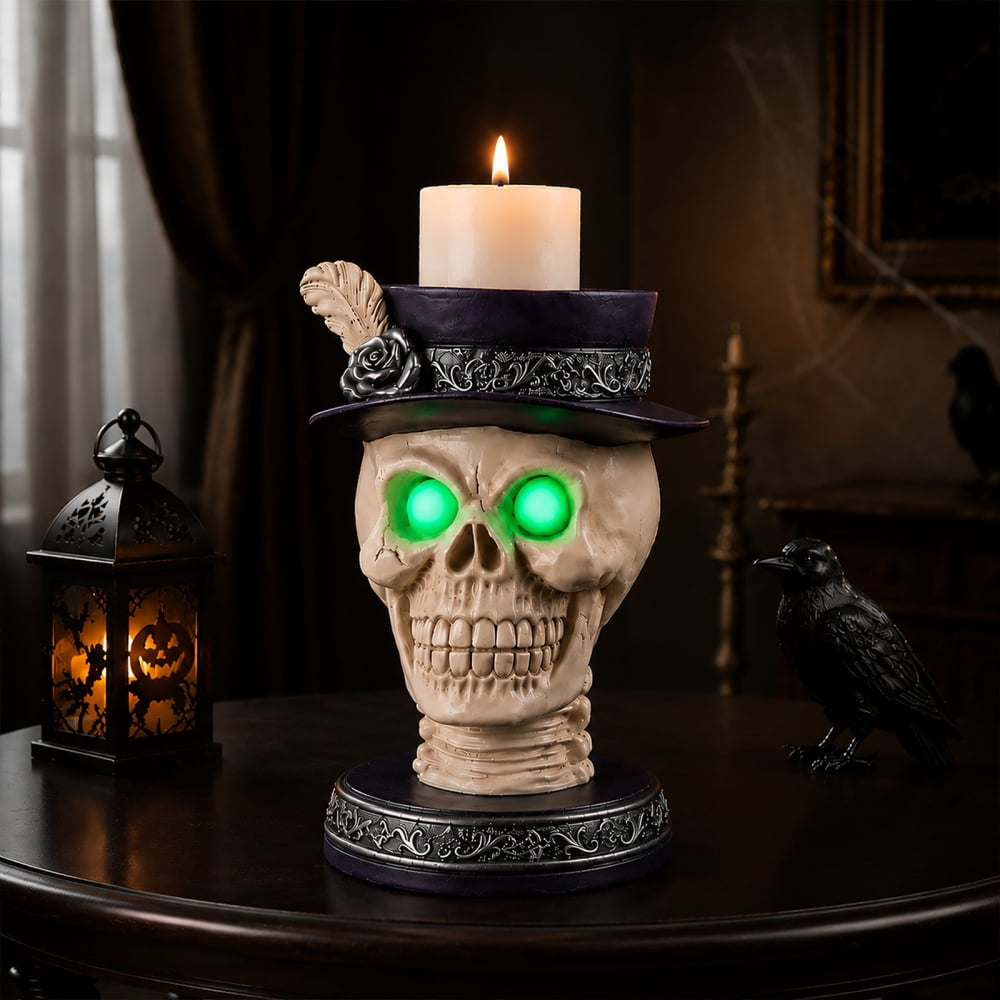 Halloween Skeleton Butler Floor Statue with Serving Tray & Black Cat, Resin Gothic Home Decor for Entryway Porch Living Room