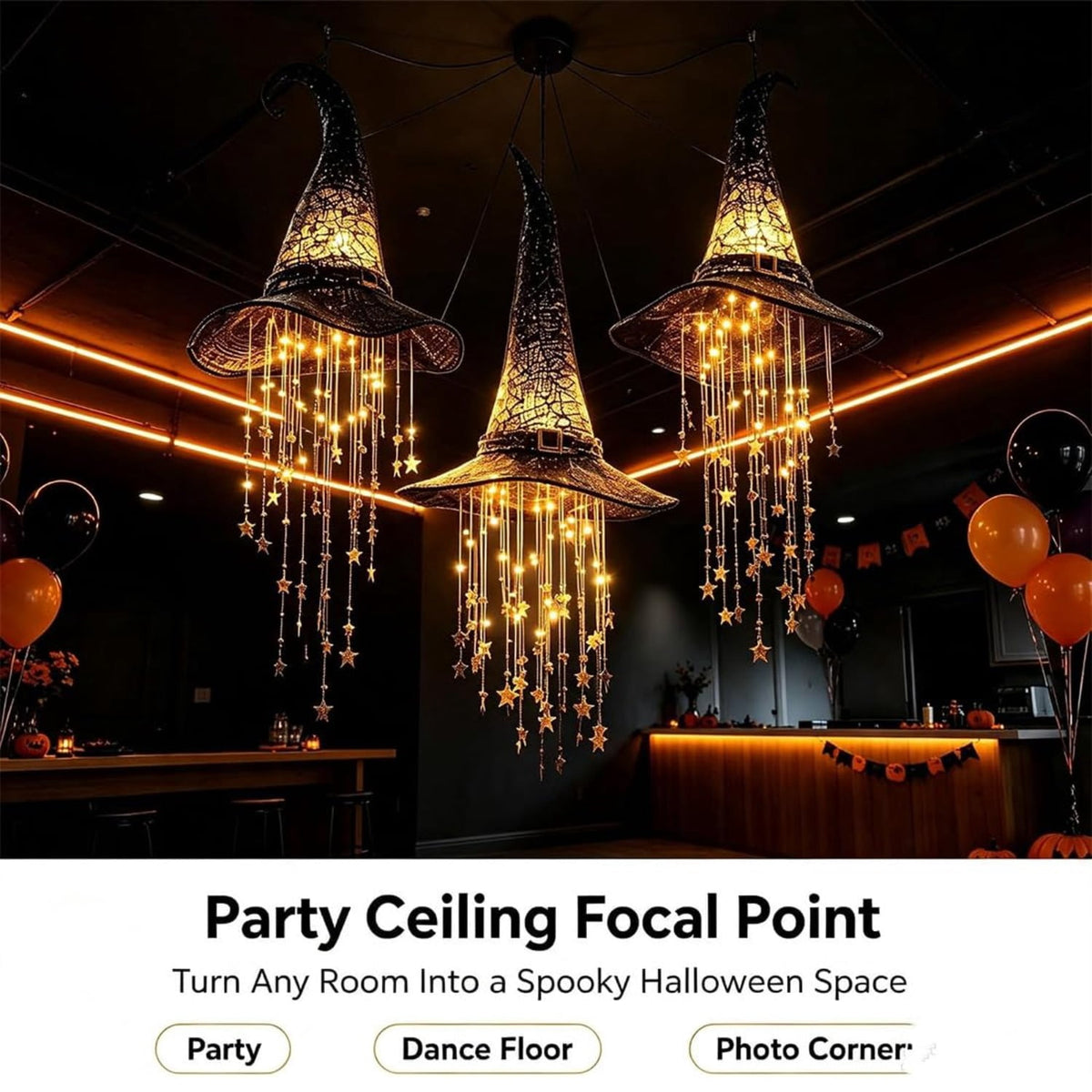 Lighted Witch Hat Hanging Chime, LED Black Mesh Witch Hat with Glowing Star Garland, Indoor Outdoor Halloween Decor for Porch Tree Window