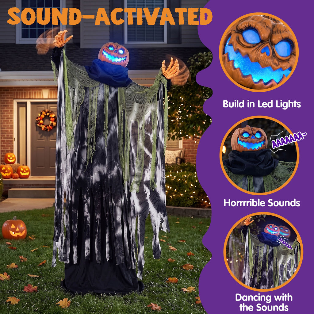 Joyfy 67"(5.6ft) Standing Grim Reaper with Chain, Large Halloween Decorations Outdoor, Life Size Animatronics Skelton, Sound-Actived Party Decor with Creepy Sound & LED Eyes, Scary Haunted House Prop